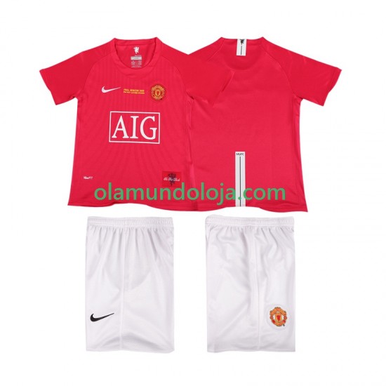 Camisola Manchester United Champions League 2007 Retro Criança Equipamento Primeiro 2008 Manga Curta